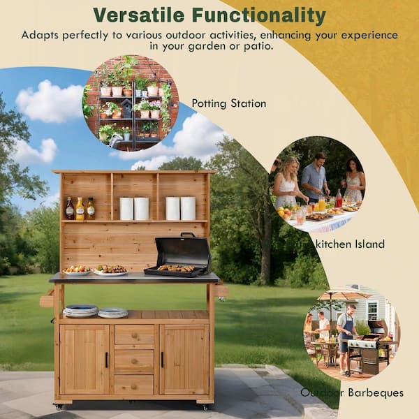 Natural Wood 65 in. H 3-in-1 Garden Potting Bench Kitchen Island