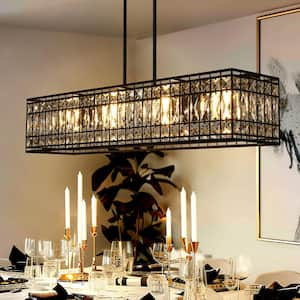 35.4 in. Modern 4-Light Black Island Chandelier with Glam Crystal Rectangle Shade, LED Bulb Compatible