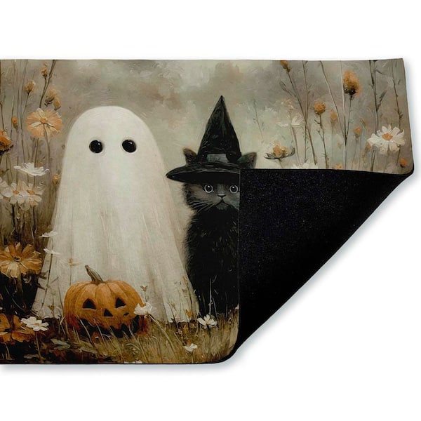 Ghost and Black Kitten Brown 18 in. x 30 in. Polyester Non-Slip Outdoor Door Mat