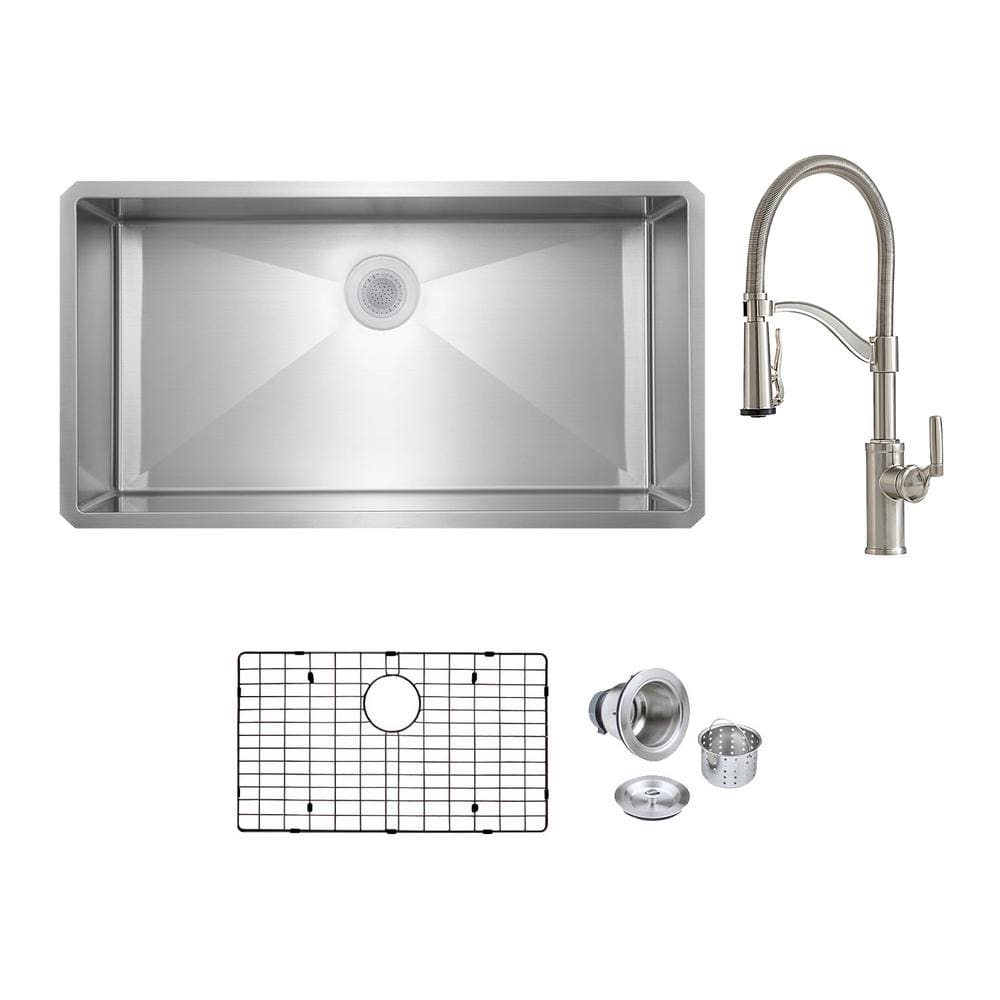 Bryn Stainless Steel 16-Gauge 36 in. Single Bowl Undermount Kitchen Sink with Farmhouse Faucet, Bottom Grid, Drain -  PELHAM & WHITE, PWS161-C