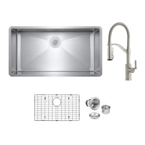 Bryn Stainless Steel 16-Gauge 36 in. Single Bowl Undermount Kitchen Sink with Farmhouse Faucet, Bottom Grid, Drain