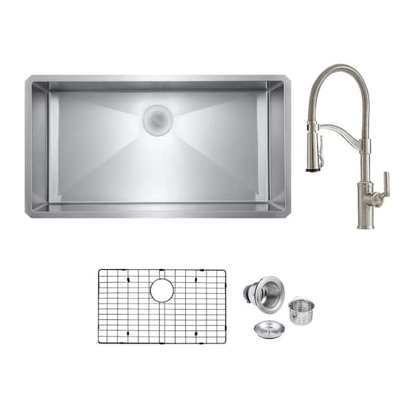 PELHAM & WHITE Bryn Stainless Steel 16-Gauge 36 in. Single Bowl Undermount Kitchen Sink with Farmhouse Faucet, Bottom Grid, Drain