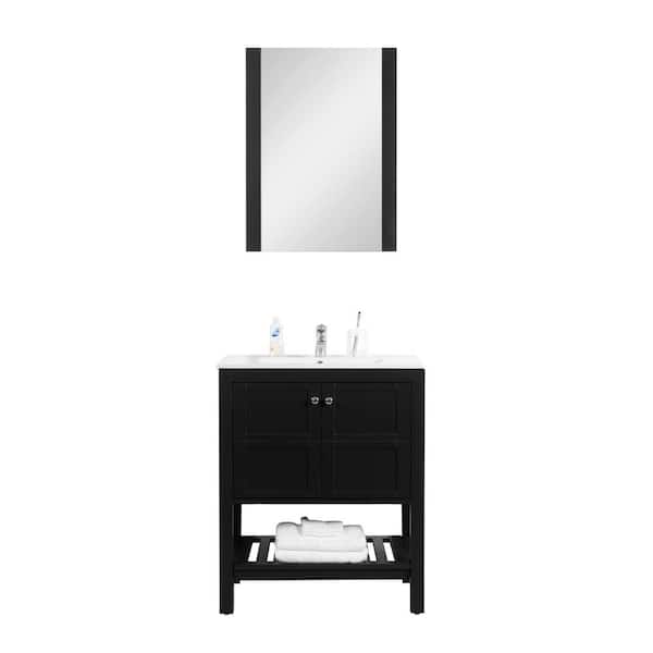 Unbranded Manhattan 30 in. W x 18 in. D Vanity in Black with Vanity Top in White and Mirror