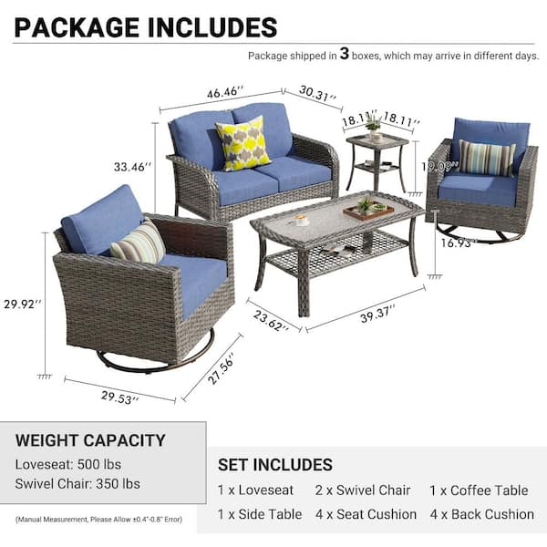 Missisi Gray 5-Piece Wicker Patio Conversation Set with Denim Blue Cushions and Swivel Chairs