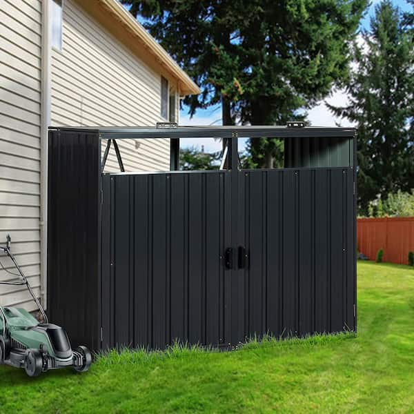 BTMWAY 63 in. W x 31 in. D x 48 in. H Black Galvanized Steel Trash Can Storage, Outdoor Metal Garbage Shed, Bin Shed