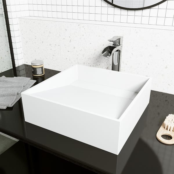 VIGO Starr Modern White Matte Stone 15 in. L x 15 in. W x 5 in. H Square Vessel Bathroom Sink