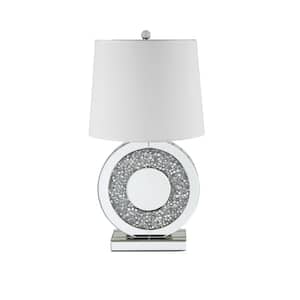27 in. Round Mirrored and Faux Diamonds Table Lamp in Sliver