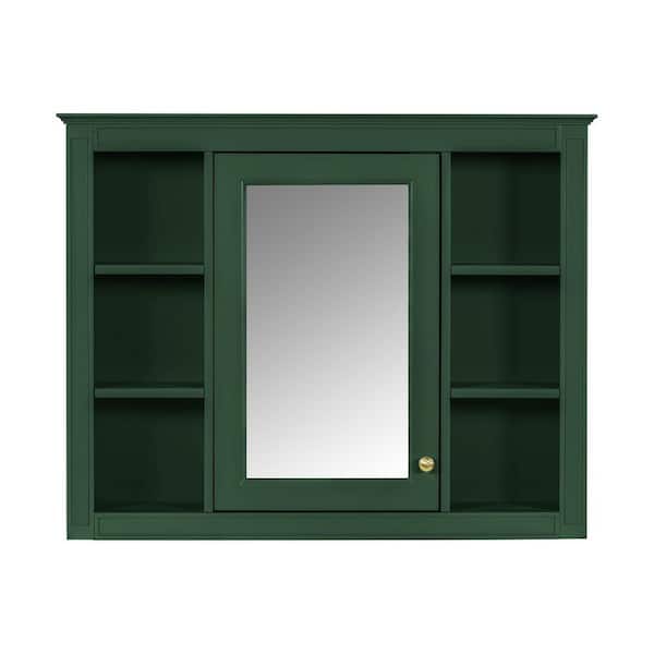 35 in. W x 27.5 in. H Green Rectangular MDF Medicine Cabinet with Mirror and 6 Open Shelves