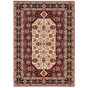 Red Ivory Blue and Orange 2 ft. x 3 ft. Oriental Power Loom Stain Resistant Fringe Area Rug