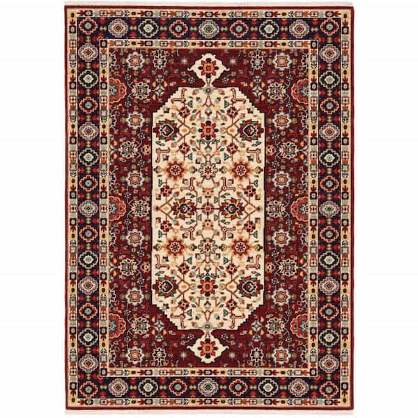 HomeRoots Red Ivory Blue and Orange 2 ft. x 3 ft. Oriental Power Loom Stain Resistant Fringe Area Rug