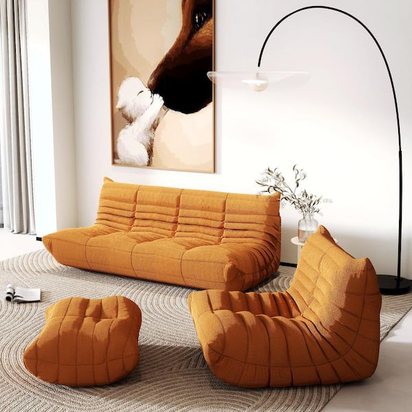 Magic Home Set of 3 Brown Teddy Velvet Polyester Large (45-72 in.)Fireside Lazy Sofa Rebound Sponge Floor Couch with Chair, Ottoman
