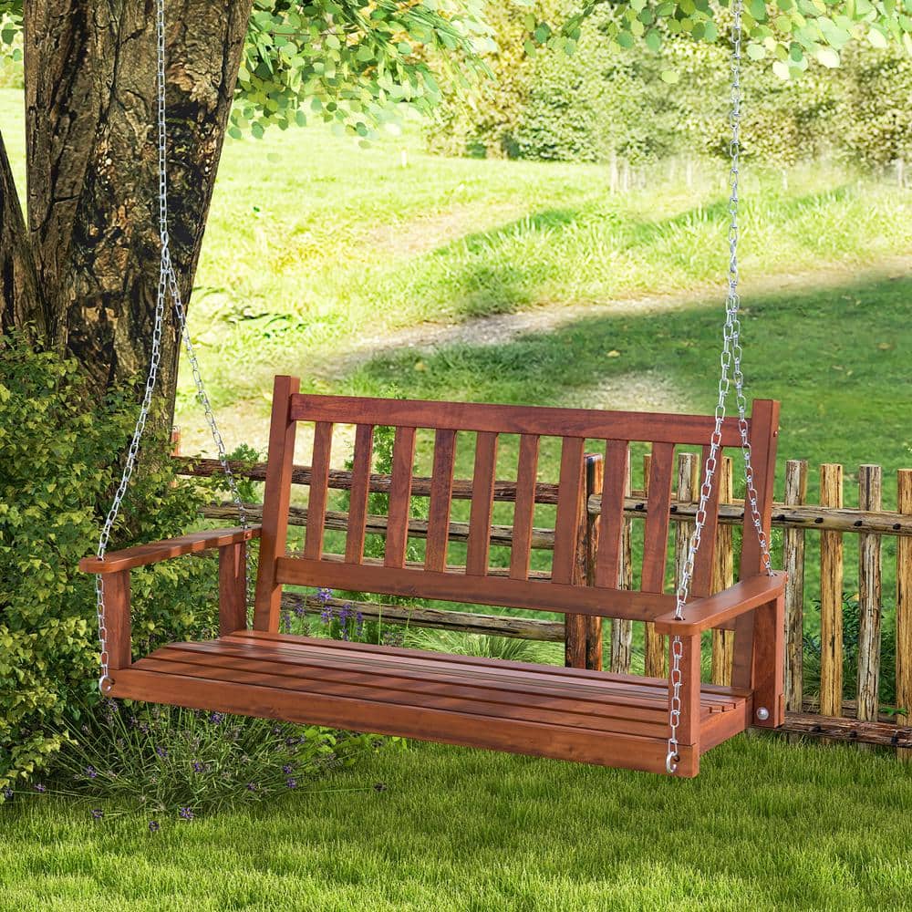 Brown Solid Wood 2-Person Outdoor Porch Swing with Metal Chains