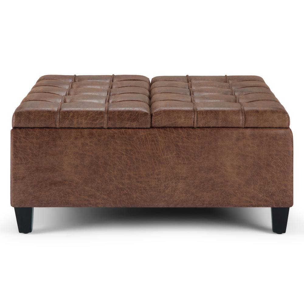 Harrison Distressed Umber Brown Faux Leather Tufted Cocktail Ottoman