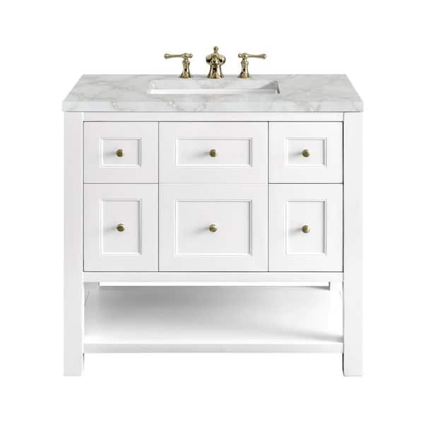 James Martin Vanities Breckenridge 36.0 in. W x 23.5 in. D x 34.2 in. H Single Bathroom Vanity Bright White and Victorian Silver Quartz Top