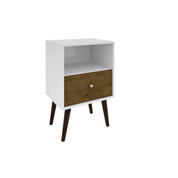 Manhattan Comfort Liberty Mid Century 1-Drawer White and Rustic Brown Modern Nightstand 1.0 with 1-Cubby Space