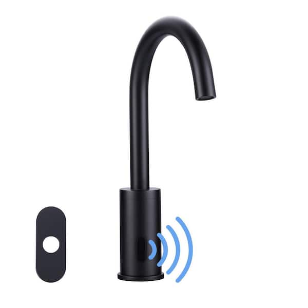 DC Powered Commercial Sensor Touchless Single Hole High-Arc Bathroom Faucet with Deck Plate in Matte Black