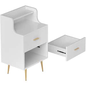 Asaya Modern 2-Drawers White Nightstand, Bedside Table with Golden Metal Legs