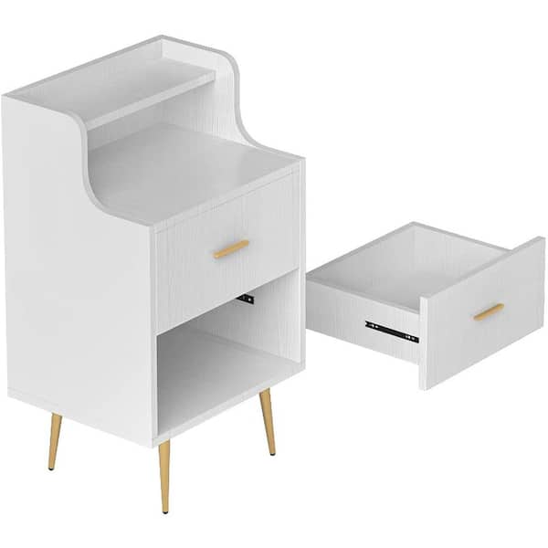 BYBLIGHT Asaya Modern 2-Drawers White Nightstand, Bedside Table with Golden Metal Legs