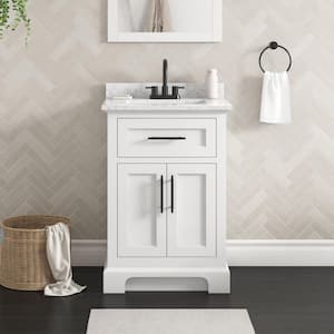 Doveton 24 in. Single Sink Freestanding White Bath Vanity with White Engineered Marble Top (Assembled)