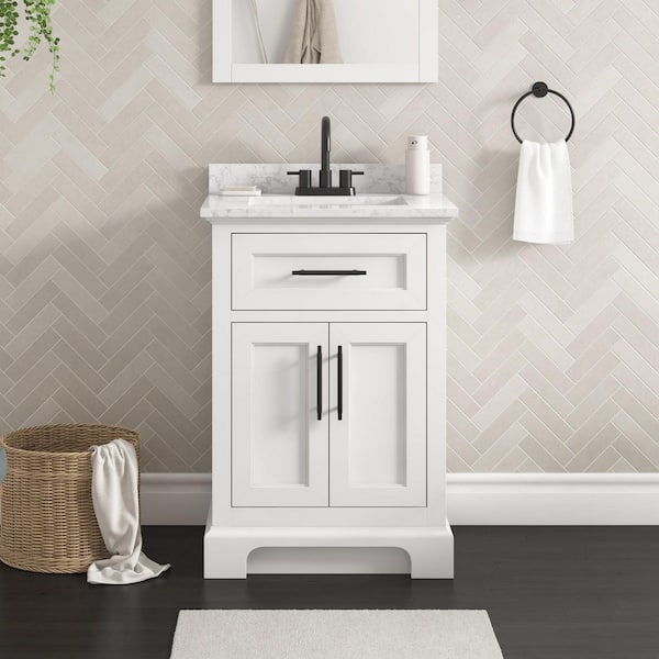 Doveton 24 in. Single Sink Freestanding White Bath Vanity with White Engineered Marble Top (Assembled)