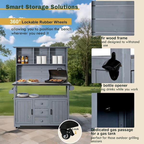 Gray Wood 65 in. H 3-in-1 Garden Potting Bench Kitchen Island with