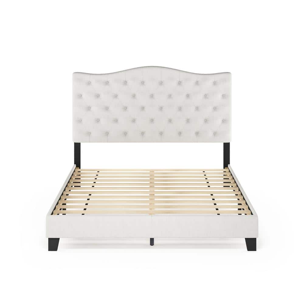Elegant Linen Tufted Queen Platform Bed with Wooden Frame