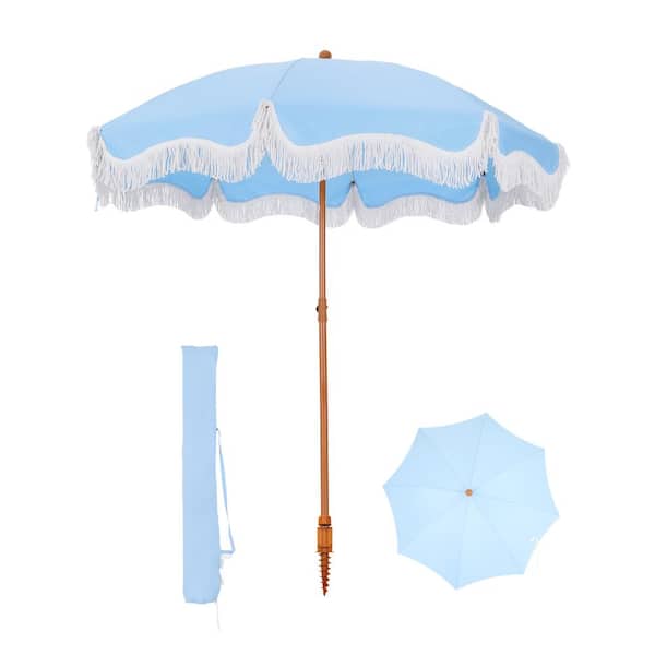PHI VILLA 7 ft. Metal Beach Umbrella in Blue with Tassel Design and Cover