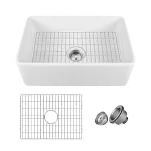 Perch White Fireclay 24 in. L x 18 in. W Rectangular Single Bowl Farmhouse Apron Kitchen Sink with Grid and Strainer