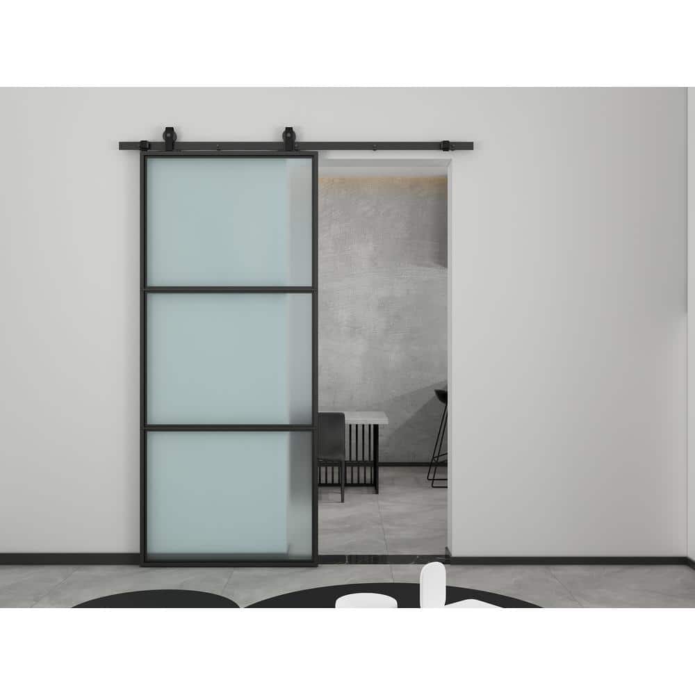 CALHOME 36"x84" Frosted Glass Black Steel Frame Sliding Door