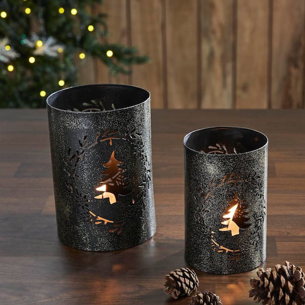 Gold Dusted Black Wreath and Tree Metal Candle Holder 2-Pack