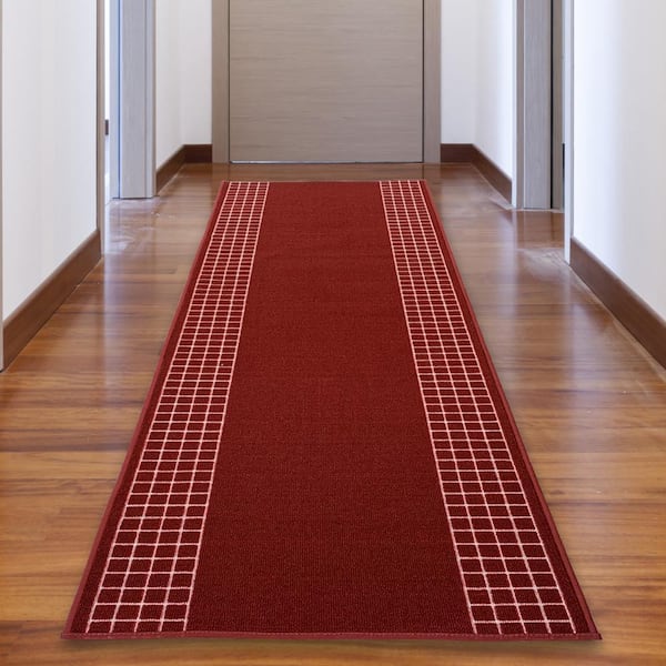 PLAYA RUG Checkered Border Red 26 in. W x 19 ft. L Runner Rug/Stair Runner 41.8 sq. ft.