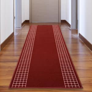 Checkered Bordered Red Color 26 in. Width x Your Choice Length Custom Size Roll Runner Rug/Stair Runner