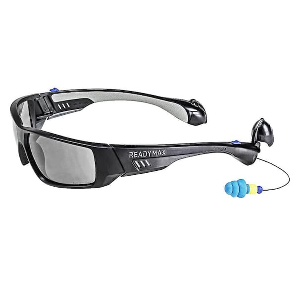 SoundShield Pro Series 1 Safety Glasses Black Frame Dark Grey Lens with built In NRR 27 db TPR PermaPlug Earplugs