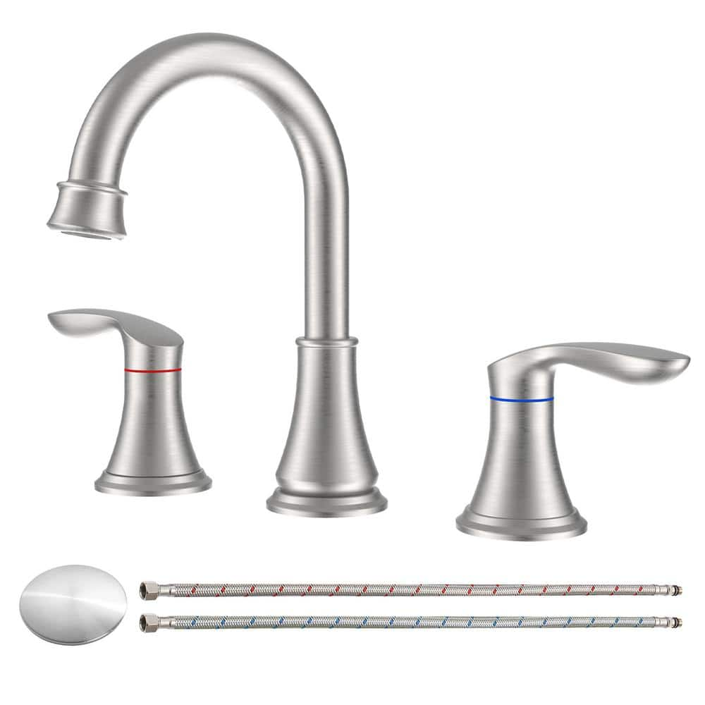 8 in. Widespread Double Handle Bathroom Faucet Combo Kit with Pop Up Drain and Water Supply Hoses in Brushed Nickel -  Nestfair, SX-DR308