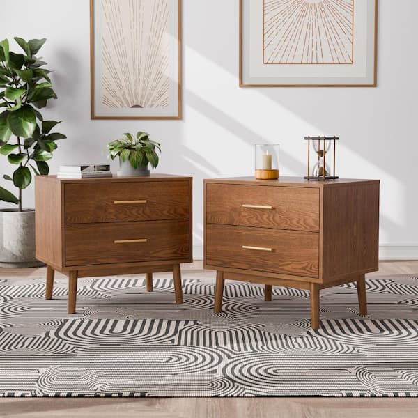 Riverstone Walnut 2-Drawer 23 in. W Nightstands with Round Tapered Legs and Champagne Bar Pulls (Set-2)