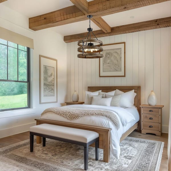 Rustic 5-Light Black Solid Wood Drum Chandelier for Dining Room Kitchen Entryway Modern Farmhouse Circle Pendant Light