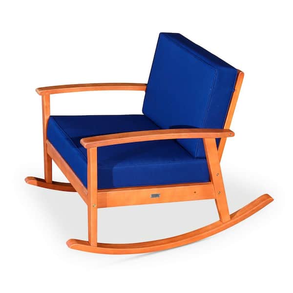 Zeus & Ruta Natural Oil Finish Eucalyptus Wood Outdoor Rocking Chair with Navy Blue Cushion for Garden, Patio, Poolside, Backyard