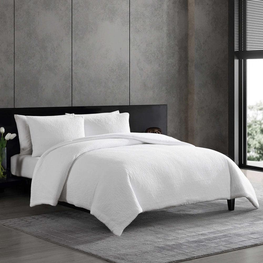 VERA WANG Puckered Texture 3-Piece White Cotton Blend King Duvet Cover ...