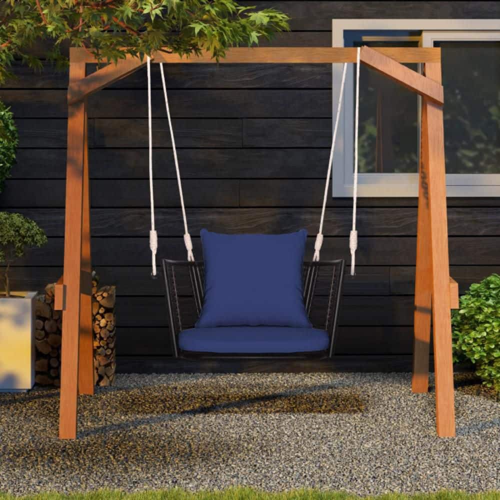 Mix Brown Rattan Hanging Chair with Blue Cushions