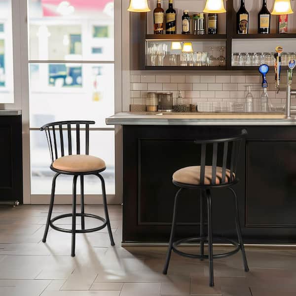 Farma 24/29 in. Adjustable Height Brown Cushioned Bar Stool w/ Slat Back, Swivel for Counter and Bar Height, (Set of 2)