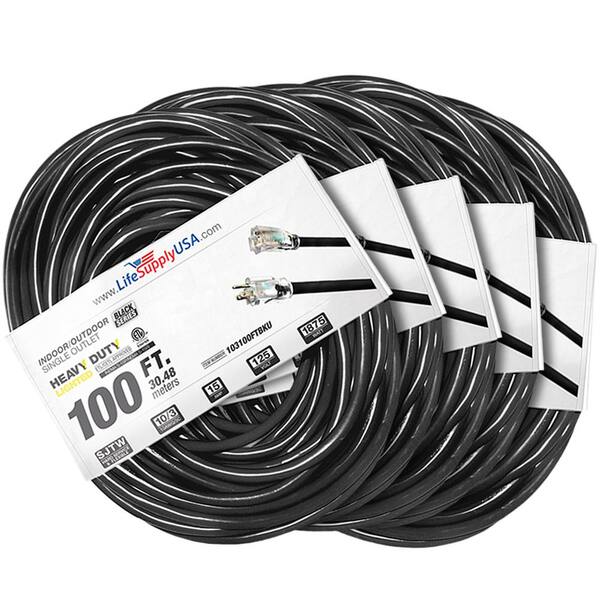 LifeSupplyUSA 100 ft. 10-Gauge/3-Conductors SJTW Indoor/Outdoor Extension Cord with Lighted End Black (5-Pack)