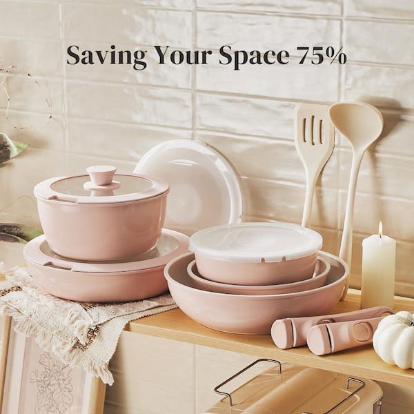 JFVKAF 16-Piece Pink Ceramic Nonstick Cookware Set with Detachable