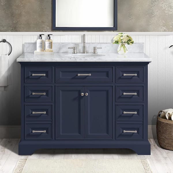 Home Decorators Collection Windlowe 49 in. Single Sink Navy Blue Bath Vanity with White Carrara White Marble Top (Assembled)