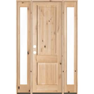 58 in. x 96 in. Rustic Unfinished Knotty Alder Sq-Top VG Wood Right-Hand Full Sidelites Clear Glass Prehung Front Door