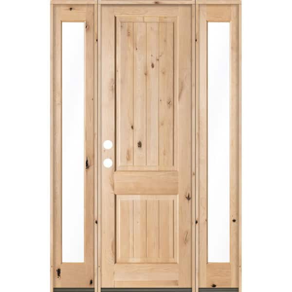 Krosswood Doors 58 in. x 96 in. Rustic Unfinished Knotty Alder Sq-Top VG Wood Right-Hand Full Sidelites Clear Glass Prehung Front Door