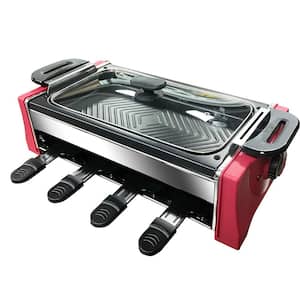 170 sq. in. Black 1300-Watt Raclette Grill with Non-Stick Coating, 8 Mini Trays, Lid and Stepless Temperature Control