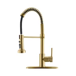 Single Handle Deck Mount Gooseneck Pull Out Sprayer Kitchen Faucet with Deckplate Included in Brushed Gold