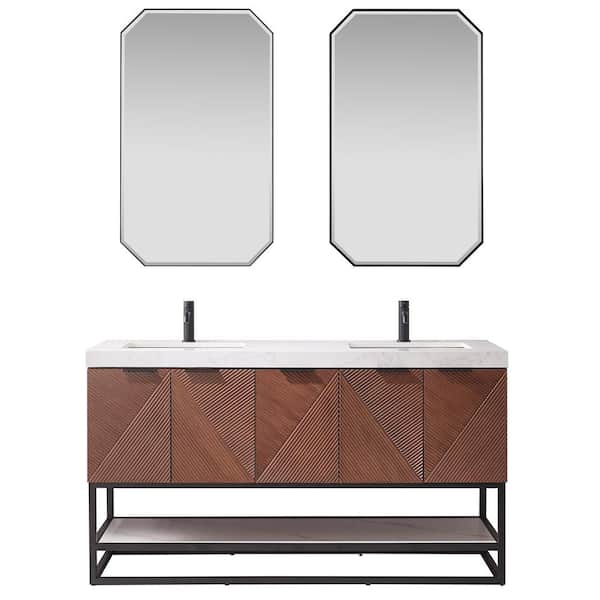 ROSWELL Mahon 60 in. W x 22 in. D x 33.9 in. H Double Sink Bath Vanity in Walnut with White Grain Composite Stone Top and Mirror