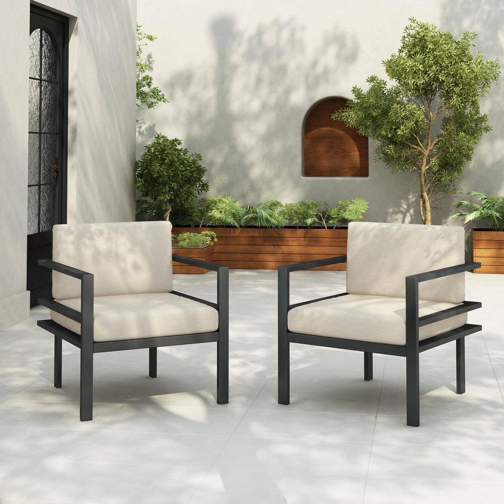 Cambridge Outdoor Aluminum Frame Patio Lounge Chair with Beige Cushions, Black, Set of 2