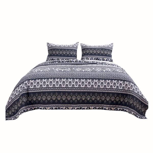 Benjara 3-Piece Blue and White Solid Queen Size Microfiber Quilt Set